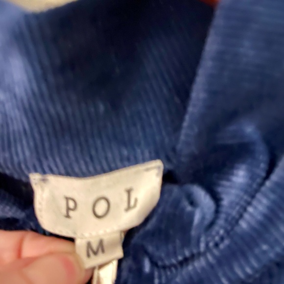 POL Navy Blue Textured Corduroy Mock Neck Zip Up Rainbow Detail Pullover - Picture 4 of 5